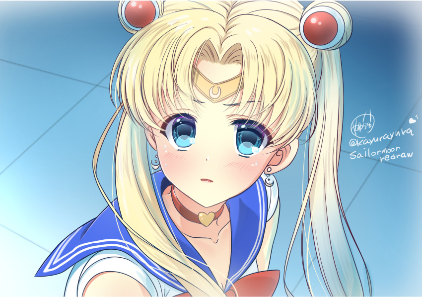 1girl artist_name bishoujo_senshi_sailor_moon blonde_hair blue_eyes blush bow choker collarbone commentary_request crescent crescent_earrings crescent_moon derivative_work earrings eyebrows_visible_through_hair hair_between_eyes hair_ornament highres jewelry kayura_yuka long_hair looking_at_viewer moon open_mouth red_bow red_choker sailor_collar sailor_moon sailor_moon_redraw_challenge short_sleeves signature solo tiara twintails