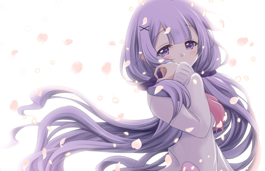 1girl azur_lane bangs blush cardigan commentary_request eyebrows_visible_through_hair floating_hair hair_ornament hair_scrunchie hairclip highres long_hair long_sleeves low_twintails petals purple_eyes purple_hair purple_scrunchie scrunchie simple_background sleeves_past_wrists solo sukireto twintails unicorn_(amusement_park_date)_(azur_lane) unicorn_(azur_lane) upper_body very_long_hair white_background white_cardigan x_hair_ornament