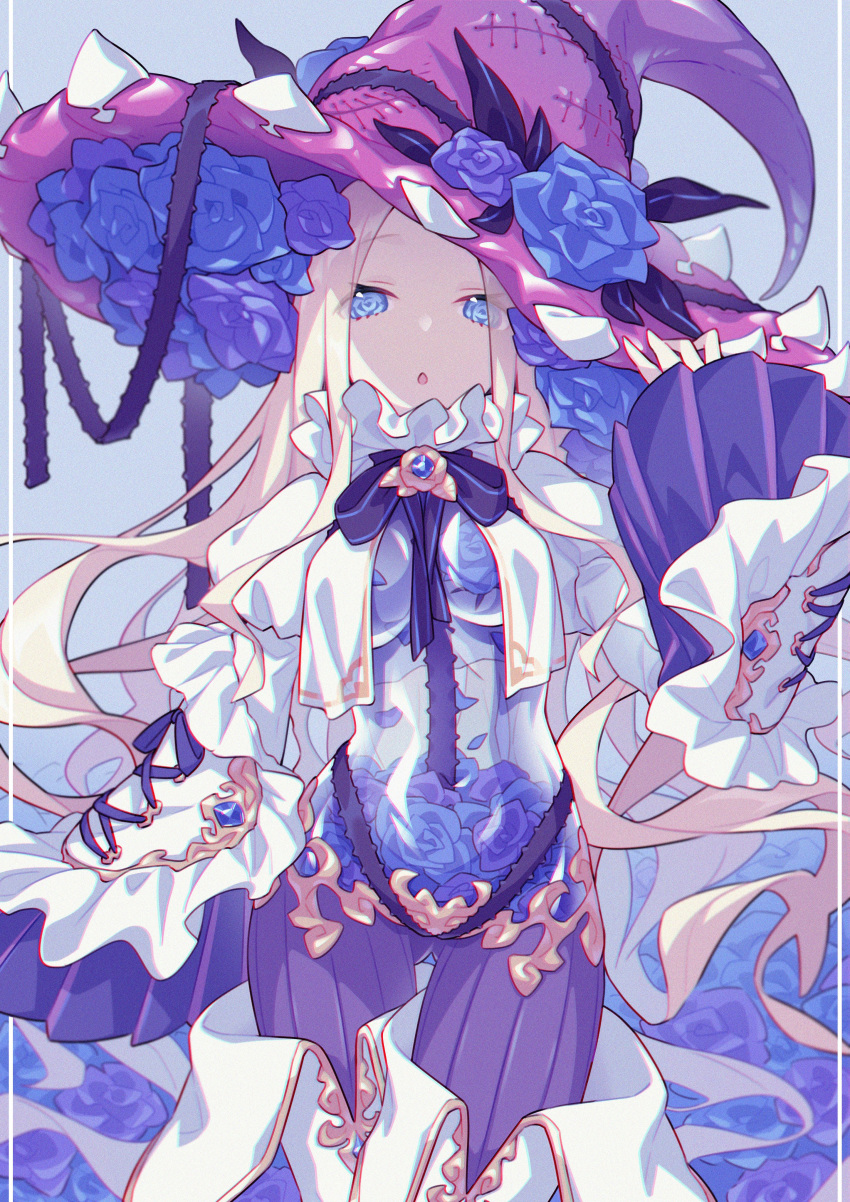 :o abigail_williams_(fate/grand_order) absurdres arm_up bangs blonde_hair blue_background blue_eyes blue_flower blue_rose boots bow breasts collar eyebrows_visible_through_hair eyes_visible_through_hair facing_viewer fate/grand_order fate_(series) flower frilled_sleeves frills gat hat hat_flower highres laces long_hair long_sleeves looking_at_viewer parted_bangs parted_lips purple_bow purple_legwear purple_ribbon ribbon rose see-through simple_background striped striped_legwear tewo_(tewowet) thigh_boots thighhighs white_footwear wide_sleeves witch_hat