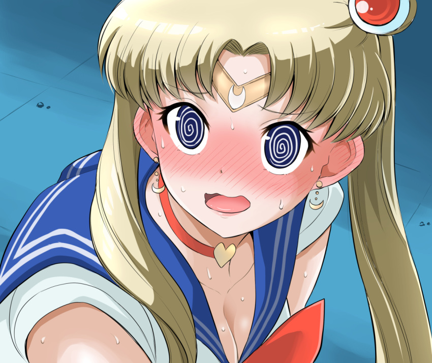 1girl @_@ bishoujo_senshi_sailor_moon blonde_hair blue_eyes blue_sailor_collar blush breasts choker cleavage double_bun earrings hair_ornament heart heart_choker jewelry medium_breasts nose_blush red_choker sailor_collar sailor_moon sailor_moon_redraw_challenge sailor_senshi_uniform solo teeth tiara tsukino_usagi upper_body yano_toshinori