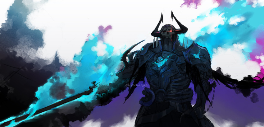 1boy armor black_cloak blue_fire cloak fate/grand_order fate_(series) fighting_stance fire glowing glowing_eye highres holding holding_sword holding_weapon horns k_(chissaiossan) king_hassan_(fate/grand_order) long_sleeves multicolored multicolored_background no_humans sketch skull skull_mask spikes sword upper_body weapon