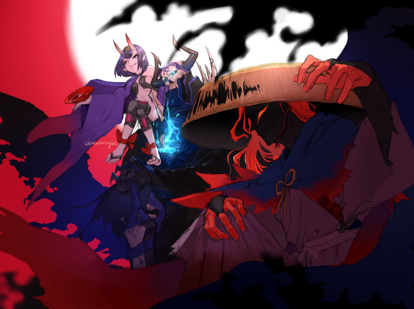 armor bangs bare_shoulders barefoot_sandals black_cloak blue_fire bob_cut breasts cloak cup fate/grand_order fate_(series) fingerless_gloves fire from_side full_moon gloves glowing glowing_eyes hair_over_one_eye hat highres holding holding_weapon horns japanese_clothes k_(chissaiossan) kimono king_hassan_(fate/grand_order) koha-ace long_hair long_sleeves makeup male_focus moon multiple_boys okada_izou_(fate) on_shoulder oni oni_horns open_clothes open_kimono planted_weapon ponytail purple_eyes purple_hair purple_kimono red_background red_eyes red_hair revealing_clothes sakazuki scarf short_eyebrows short_hair shuten_douji_(fate/grand_order) skull skull_mask small_breasts smile spikes sword weapon