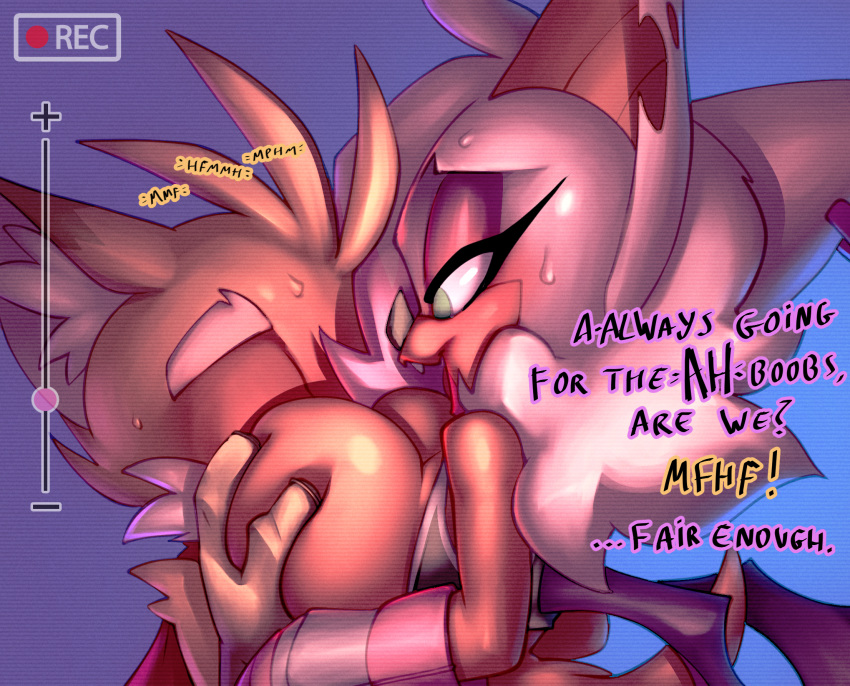 bedroom_eyes bigdad breast_smother breasts camera_view canid canine chiropteran dialogue duo english_text female fox hair hair_over_eye hand_on_breast hi_res male male/female mammal miles_prower narrowed_eyes one_eye_obstructed rouge_the_bat seductive smothering sonic_the_hedgehog_(series) text wings