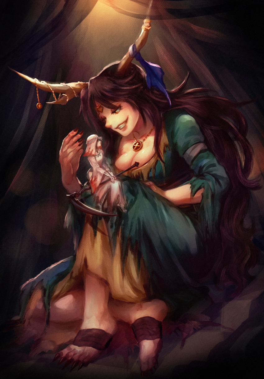 2girls absurdres angrboda breasts brown_hair cleavage dress green_dress grin hel_(norse_mythology) highres horns jewelry long_hair looking_at_another mother_and_daughter multiple_girls necklace nightmaresyrup norse_mythology original scythe setz sharp_toenails sitting sitting_on_lap sitting_on_person size_difference smile toenails torn_clothes torn_dress white_dress