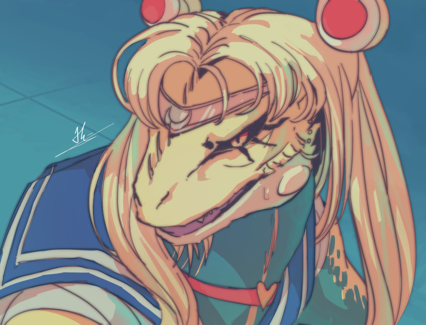 animalization bishoujo_senshi_sailor_moon blonde_hair blue_background blue_sailor_collar choker diadem from_side fusion great_jagras heart heart_choker highres monster_hunter monster_hunter:_world no_humans ophake red_choker sailor_collar sailor_moon sailor_moon_redraw_challenge school_uniform serafuku signature solo tsukino_usagi twintails