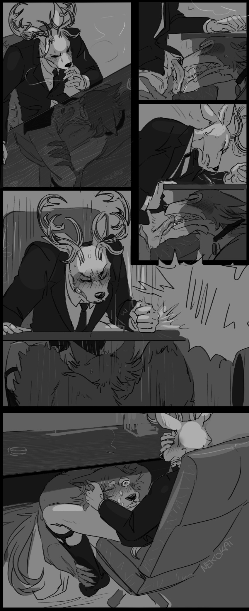 absurd_res anthro anthro_on_anthro antlers beastars bodily_fluids bottomless business_suit canid canine canis cervid cervine cigarette clothed clothed_sex clothing comic cum cum_on_face duo erection facepalm fellatio genital_fluids genitals greyscale hi_res horn interspecies legoshi_(beastars) licking louis_(beastars) male male/male mammal monochrome necktie nekokat42 oral orgasm_face penile penis penis_lick predator/prey red_deer sex smoking suit tongue tongue_out topless under_table wolf