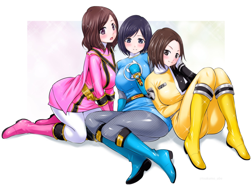 abe_tsukumo ass breasts character_request closed_mouth commentary_request highres hurricane_blue legs looking_at_viewer medium_hair multiple_girls nono_nanami short_hair tokusou_sentai_dekaranger