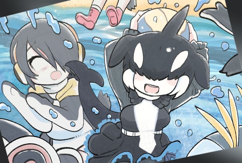 6+girls :d ball beach beachball bird_tail black_hair blank_eyes blowhole blush_stickers chibi covered_eyes day dolphin_tail dorsal_fin dress emperor_penguin_(kemono_friends) eyebrows_visible_through_hair facing_another facing_viewer frills furrowed_eyebrows gentoo_penguin_(kemono_friends) gunzan hair_over_eyes hair_over_one_eye head_fins headphones highres hood hood_down hoodie humboldt_penguin_(kemono_friends) kemono_friends long_sleeves medium_hair multicolored_hair multiple_girls open_mouth orange_hair orca_(kemono_friends) outdoors partially_submerged penguin_tail penguins_performance_project_(kemono_friends) photo_(object) red_hair rockhopper_penguin_(kemono_friends) royal_penguin_(kemono_friends) sand shoes smile splashing streaked_hair surprised tail water white_hair