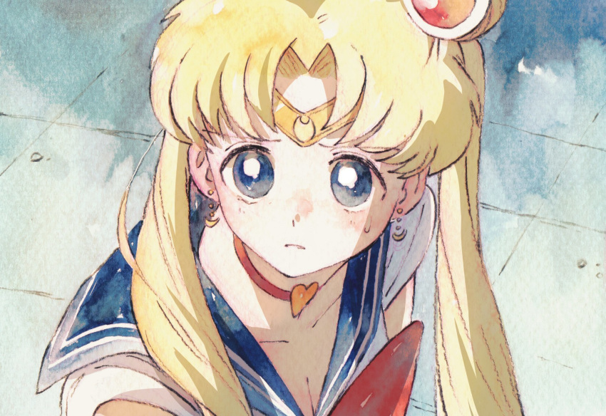 1girl bishoujo_senshi_sailor_moon blonde_hair blue_eyes blue_sailor_collar breasts choker cleavage collarbone crescent crescent_earrings derivative_work diadem earrings eyebrows_visible_through_hair hair_ornament heart heart_choker highres jewelry long_hair neulbaram red_choker sailor_collar sailor_moon sailor_moon_redraw_challenge sailor_senshi sailor_senshi_uniform screencap_redraw solo tsukino_usagi twintails upper_body