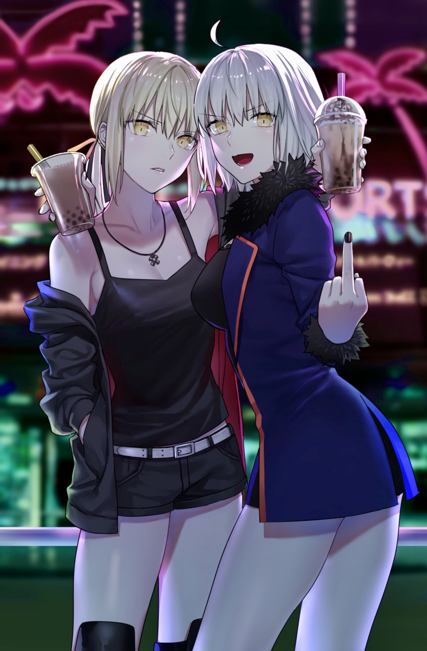 2girls absurdres ahoge artoria_pendragon_(all) black_nails blonde_hair blurry blurry_background boots breasts bubble_tea cup disposable_cup fate/grand_order fate/stay_night fate_(series) fur-trimmed_jacket fur-trimmed_sleeves fur_trim grey_hair hand_in_pocket highres jacket jeanne_d'arc_(alter)_(fate) jeanne_d'arc_(fate)_(all) jet_black_king_of_knights_ver._shinjuku_1999 jewelry knee_boots looking_at_viewer medium_breasts middle_finger multiple_girls necklace nipi27 pale_skin parted_lips ponytail saber_alter shinjuku_(tokyo) short_hair shorts small_breasts smile tank_top wicked_dragon_witch_ver._shinjuku_1999 yellow_eyes