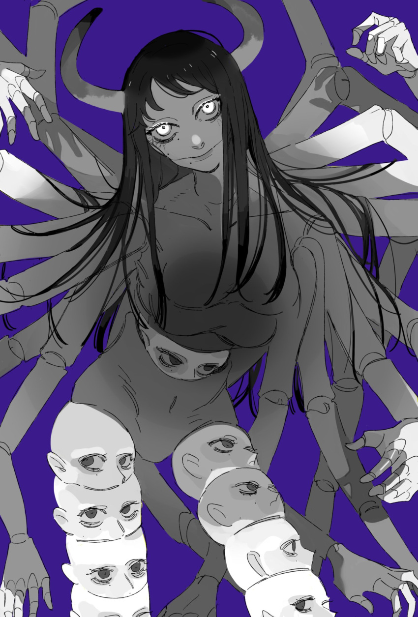 1girl big_mouth black_hair blue_background breasts chainsaw_man collarbone demon demon_girl demon_horns doll_joints expressionless extra_arms extra_breasts extra_eyes glowing glowing_eyes highres horns horror_(theme) joints long_hair looking_at_viewer looking_to_the_side medium_breasts mole mole_under_eye mole_under_mouth monochrome monster_girl multiple_hands multiple_heads navel no_eyebrows no_nipples nude santa_claus_(chainsaw_man) shadow silhouette transformation very_long_hair