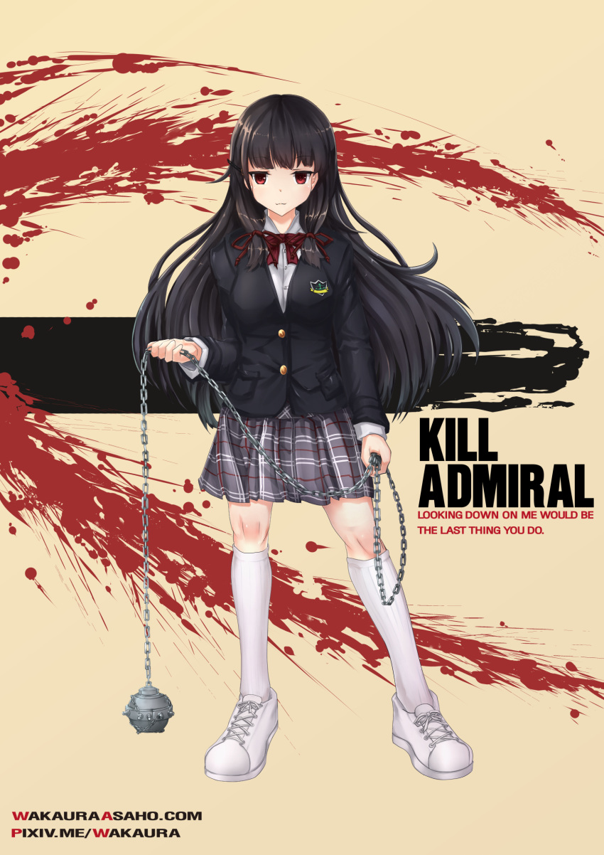 1girl ball_and_chain black_hair cosplay emblem english_text full_body gogo_yubari gogo_yubari_(cosplay) grey_skirt hair_ribbon highres isokaze_(kantai_collection) kantai_collection kill_bill kneehighs long_hair meteor_hammer parody plaid plaid_skirt red_eyes ribbon school_uniform shoes skirt sneakers solo tress_ribbon wakaura_asaho watermark weapon web_address