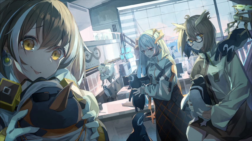 1boy 4girls arknights bird chasing demon_horns dragon_horns drone emperor_penguin feather_hair highres horns ifrit_(arknights) magallan_(arknights) miyabino_(miyabi1616) multiple_girls penguin rhine_lab_logo saria_(arknights) silence_(arknights) the_emperor_(arknights)