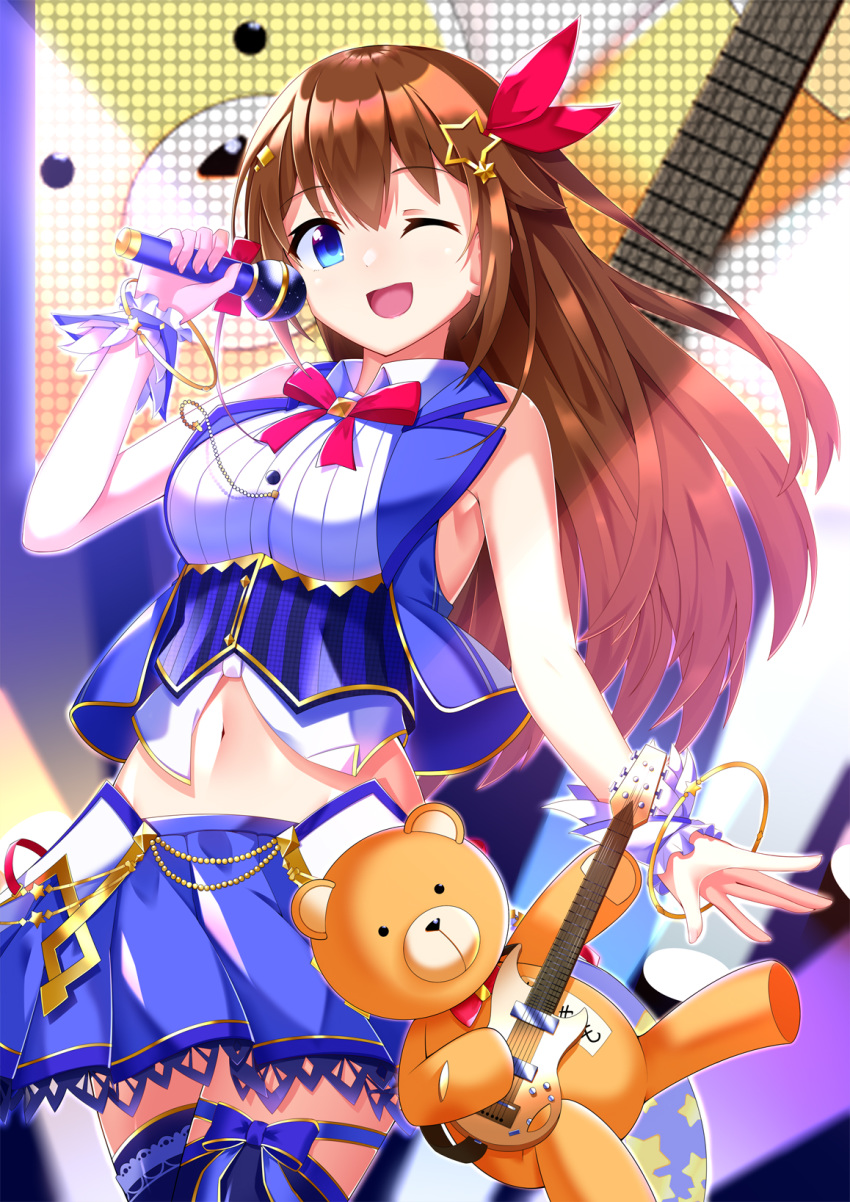 1girl ;d ankimo_(tokino_sora_channel) armpit_peek breasts brown_hair guitar hair_ornament highres hololive instrument long_hair microphone midriff navel one_eye_closed open_mouth smile solo stuffed_animal stuffed_toy teddy_bear thighhighs tokino_sora tokino_sora_channel virtual_youtuber