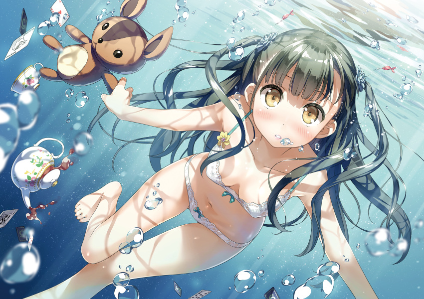 5_nenme_no_houkago barefoot black_hair blush bra breasts cleavage drink erect_nipples kantoku long_hair nagisa_(kantoku) navel original panties twintails underwater underwear water yellow_eyes