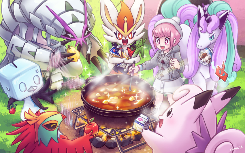 1girl :d apple artist_name aspear_berry buttons cardigan cheri_berry cinderace clefable clumeal collared_dress curry dress drooling eiscue fire food fruit galarian_form galarian_rapidash gen_1_pokemon gen_4_pokemon gen_6_pokemon gen_7_pokemon gen_8_pokemon golisopod grass grey_cardigan hawlucha highres holding long_sleeves mushroom open_mouth outdoors pink_eyes pink_hair pokedex pokemon pokemon_(creature) pokemon_(game) pokemon_swsh pom_pom_(clothes) pot rock rotom rotom_dex saliva short_hair smile sparkle spring_onion tam_o'_shanter tamato_berry tent white_dress white_headwear wristband yuuri_(pokemon)
