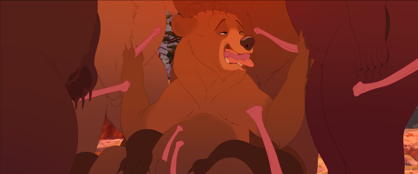 anatomically_correct anatomically_correct_genitalia anatomically_correct_penis animal_genitalia animal_penis balls between_fingers brother_bear brown_body brown_fur brown_nose claws digital_media_(artwork) disney erection fellatio feral fur gangbang genitals grabbing grabbing_from_behind group group_sex hair half-closed_eyes hi_res kenai licking long_tongue male male/male mammal multicolored_body multicolored_fur multicolored_hair narrowed_eyes nude on_lap open_mouth oral penile penis penis_grab penis_lick sex sitting sitting_on_lap smile snout spread_legs spreading standing teeth tongue tongue_out tonguejob ursid ursine ursine_penis widescreen zica