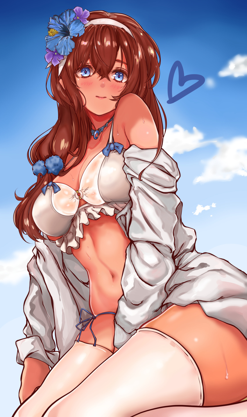 1girl absurdres aratako_(crimson015) bangs bare_shoulders bikini blue_eyes blue_sky blush breasts brown_hair closed_mouth collarbone commentary_request fate/grand_order fate_(series) flower hair_flower hair_ornament hairband highres jacket jewelry large_breasts long_hair long_sleeves looking_at_viewer mata_hari_(fate/grand_order) navel necklace off_shoulder open_clothes open_jacket sitting sky smile swimsuit thighhighs thighs wariza white_bikini white_jacket white_legwear