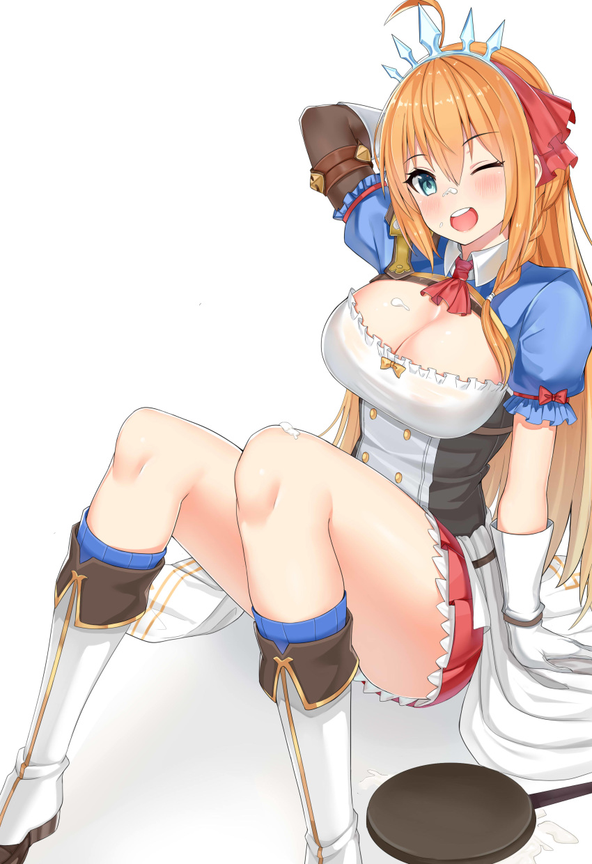 1girl absurdres ahoge arm_behind_head bangs blue_eyes blue_legwear blush boots braid breasts cleavage commentary_request cream cream_on_face eyebrows_visible_through_hair food food_on_face frills frying_pan gloves hair_between_eyes hair_ornament hair_ribbon highres knee_boots kneehighs large_breasts long_hair looking_at_viewer open_mouth orange_hair pecorine pleated_skirt princess_connect! princess_connect!_re:dive red_ribbon red_skirt ribbon simple_background sitting skirt smile solo tiara very_long_hair white_background white_footwear white_gloves xubai