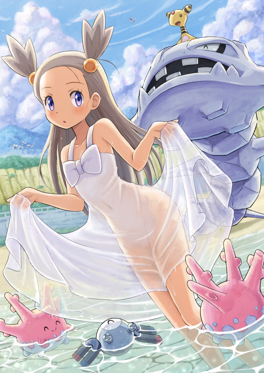 absurdres ampharos blue_eyes blush brown_hair convenient_censoring corsola dress gen_1_pokemon gen_2_pokemon gym_leader hair_bobbles hair_ornament highres long_hair magnemite mikan_(pokemon) no_panties outdoors partially_submerged pokemoa pokemon pokemon_(game) pokemon_gsc see-through see-through_silhouette skirt_hold steelix sundress water wet wet_clothes