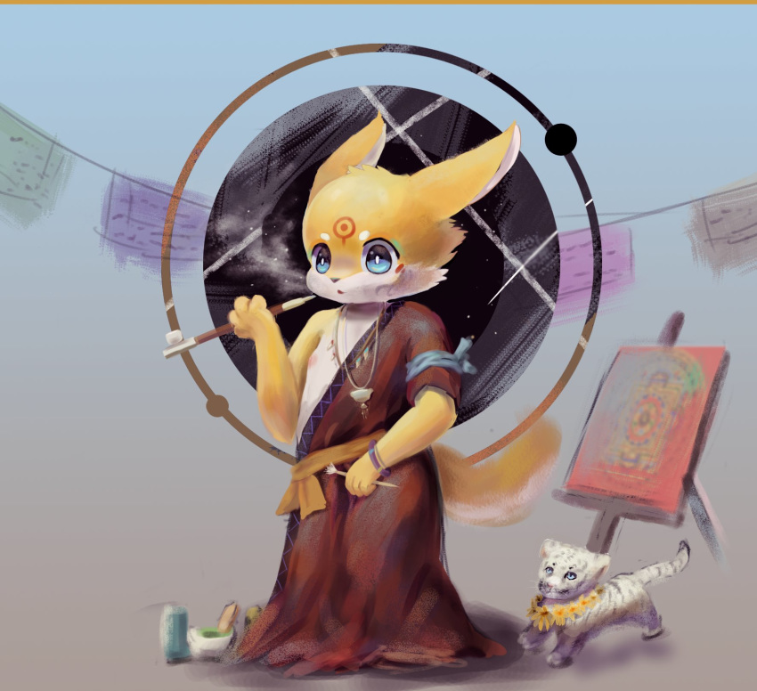 ambiguous_gender ambiguous_species anthro bracelet buddhism clothing cloudcat digital_media_(artwork) digital_painting_(artwork) duo felid feral hi_res jewelry male mammal mandala necklace pantherine paws prayer_flags robe smoking smoking_pipe tiger