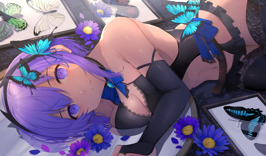 1girl absurdres bangs bare_shoulders black_hairband black_legwear breasts bridal_gauntlets brooch bug butterfly cleavage closed_mouth dark_skin detached_sleeves fate/grand_order fate/prototype fate/prototype:_fragments_of_blue_and_silver fate_(series) flower hairband hassan_of_serenity_(fate) highres hirakana insect jewelry lace_trim lingerie looking_at_viewer lying medium_breasts navel on_side purple_eyes purple_hair ring short_hair underwear