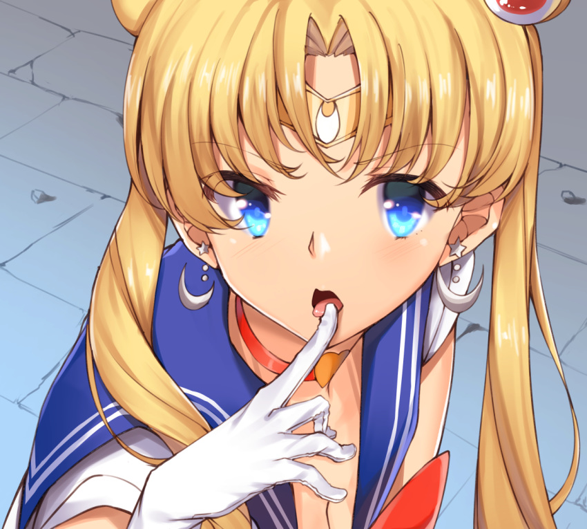 1girl bangs bishoujo_senshi_sailor_moon blonde_hair blue_eyes blue_sailor_collar breasts choker circlet cleavage commentary_request crescent crescent_earrings earrings eyebrows_visible_through_hair finger_to_tongue gloves hair_ornament hair_over_shoulder heart heart_choker jewelry kaname_(melaninusa09) long_hair looking_at_viewer open_mouth parted_bangs red_choker sailor_collar sailor_moon sailor_moon_redraw_challenge solo tongue tongue_out twintails upper_body white_gloves
