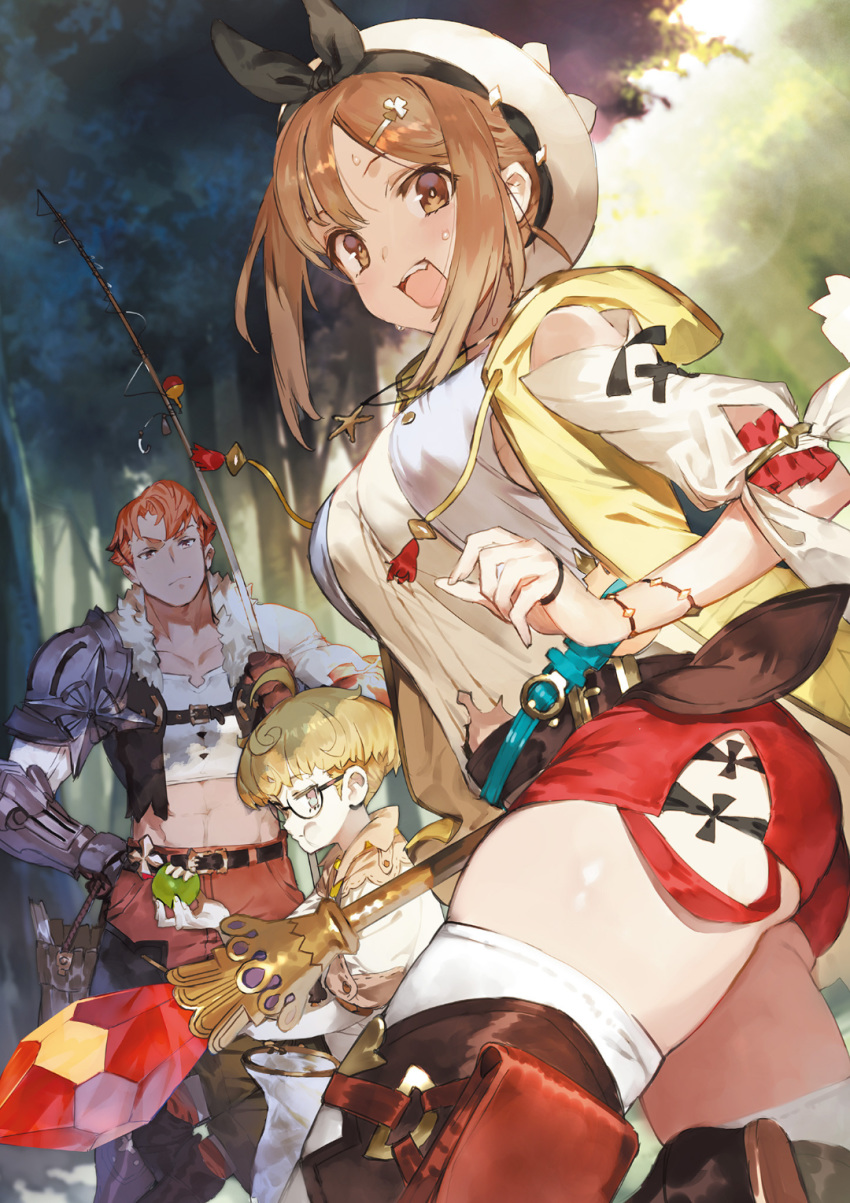 1girl 2boys apple ass atelier_(series) atelier_ryza blonde_hair braid brown_eyes brown_hair eating fishing_rod food fruit glasses hair_ornament hair_ribbon hairclip hat highres holster hooded_vest jewelry lent_marslink long_hair looking_at_another looking_at_viewer multiple_boys necklace official_art open_mouth outdoors pouch pout red_hair red_shorts reisalin_stout ribbon short_hair short_shorts shorts shoulder_armor skindentation tao_mongarten thigh_holster thighhighs thighhighs_under_boots toridamono white_legwear