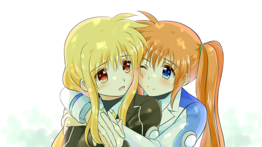 2girls blonde_hair blue_eyes blush couple fate_testarossa happy hug hug_from_behind kerorokjy long_hair looking_at_another lyrical_nanoha mahou_shoujo_lyrical_nanoha mahou_shoujo_lyrical_nanoha_strikers mahou_shoujo_lyrical_nanoha_vivid military military_uniform multiple_girls orange_hair red_eyes side_ponytail simple_background smile takamachi_nanoha uniform very_long_hair white_background yuri