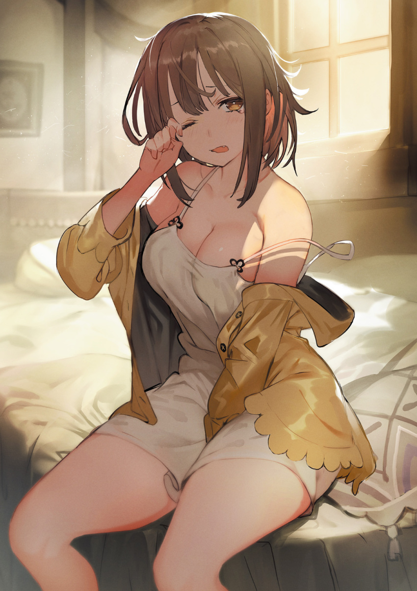 1girl atelier_(series) atelier_ryza breasts brown_eyes brown_gloves brown_hair cleavage gloves highres medium_breasts off_shoulder official_art on_bed one_eye_closed red_shorts reisalin_stout short_hair shorts sitting sitting_on_bed sleepy solo toridamono yawning