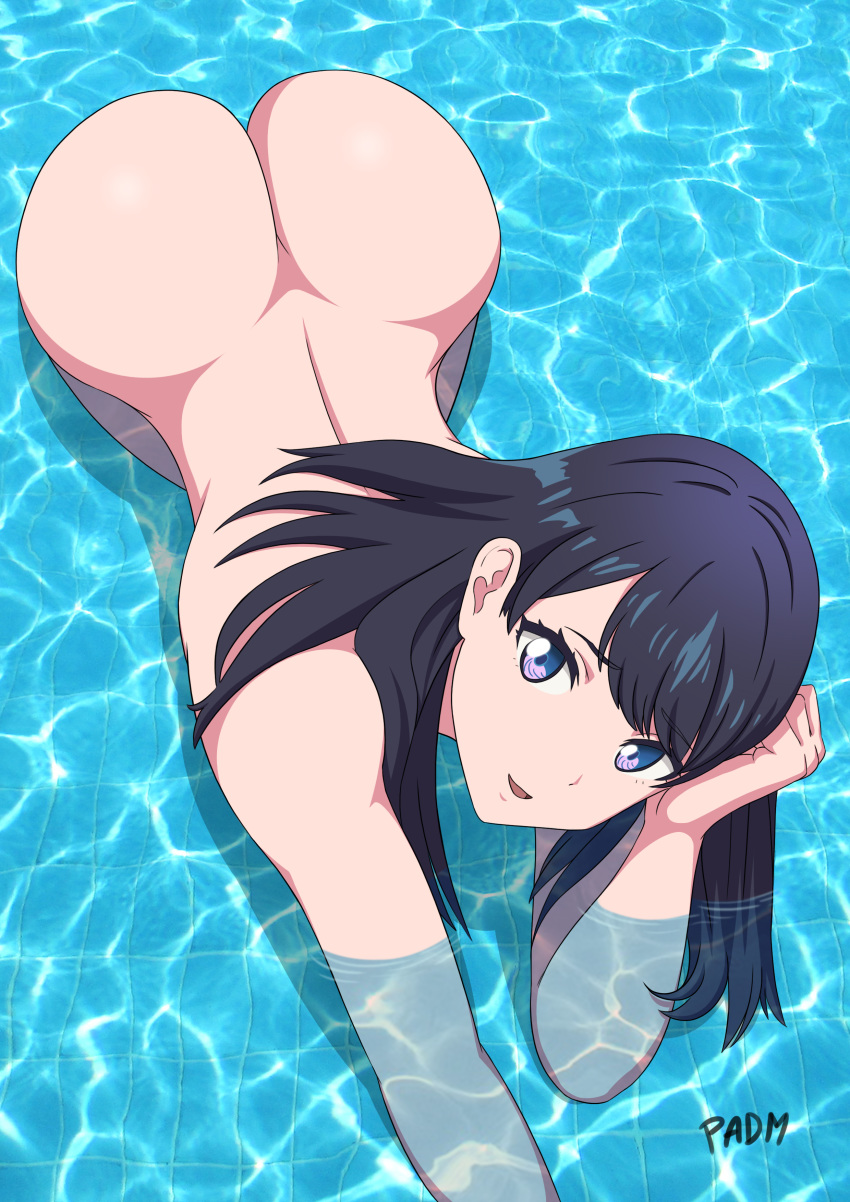 1girl absurdres all_fours arm_support artist_name ass back black_hair blue_eyes hand_in_hair highres light_smile long_hair looking_at_viewer looking_up nude open_mouth padm parted_lips pool signature smile ssss.gridman takarada_rikka topless water