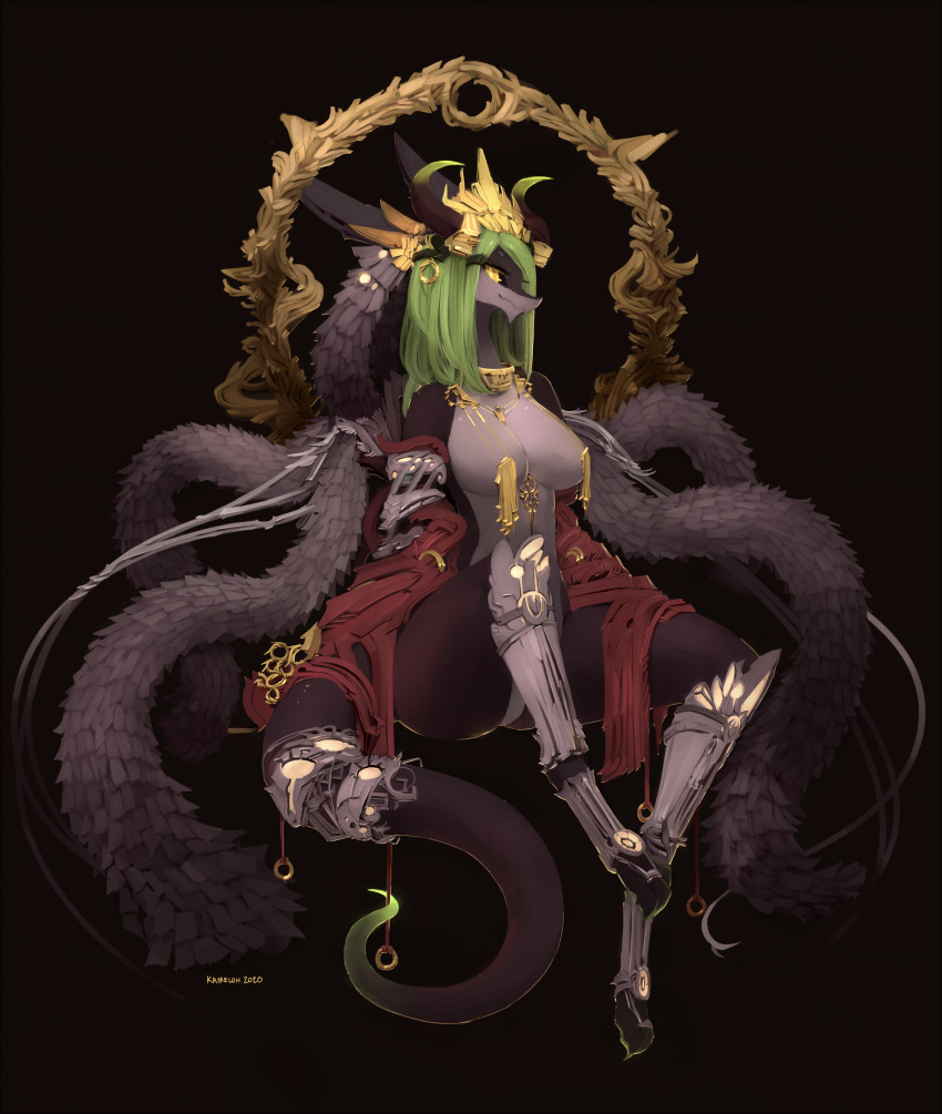 2020 absurd_res anthro black_background breasts clothed clothing digital_media_(artwork) dragon eyebrows eyelashes female green_hair hair hi_res kameloh non-mammal_breasts simple_background smile solo wingless_dragon