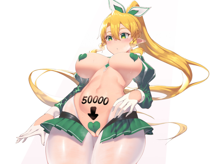 1girl blonde_hair blush body_writing braid breasts cameltoe gloves green_eyes hair_between_eyes heart_pasties highres leafa long_hair maebari meme_attire navel pantyhose pasties pleated_skirt pointy_ears ponytail reverse_bunnysuit reverse_outfit simple_background skirt solo sweat sword_art_online tigersaber white_background white_gloves white_legwear