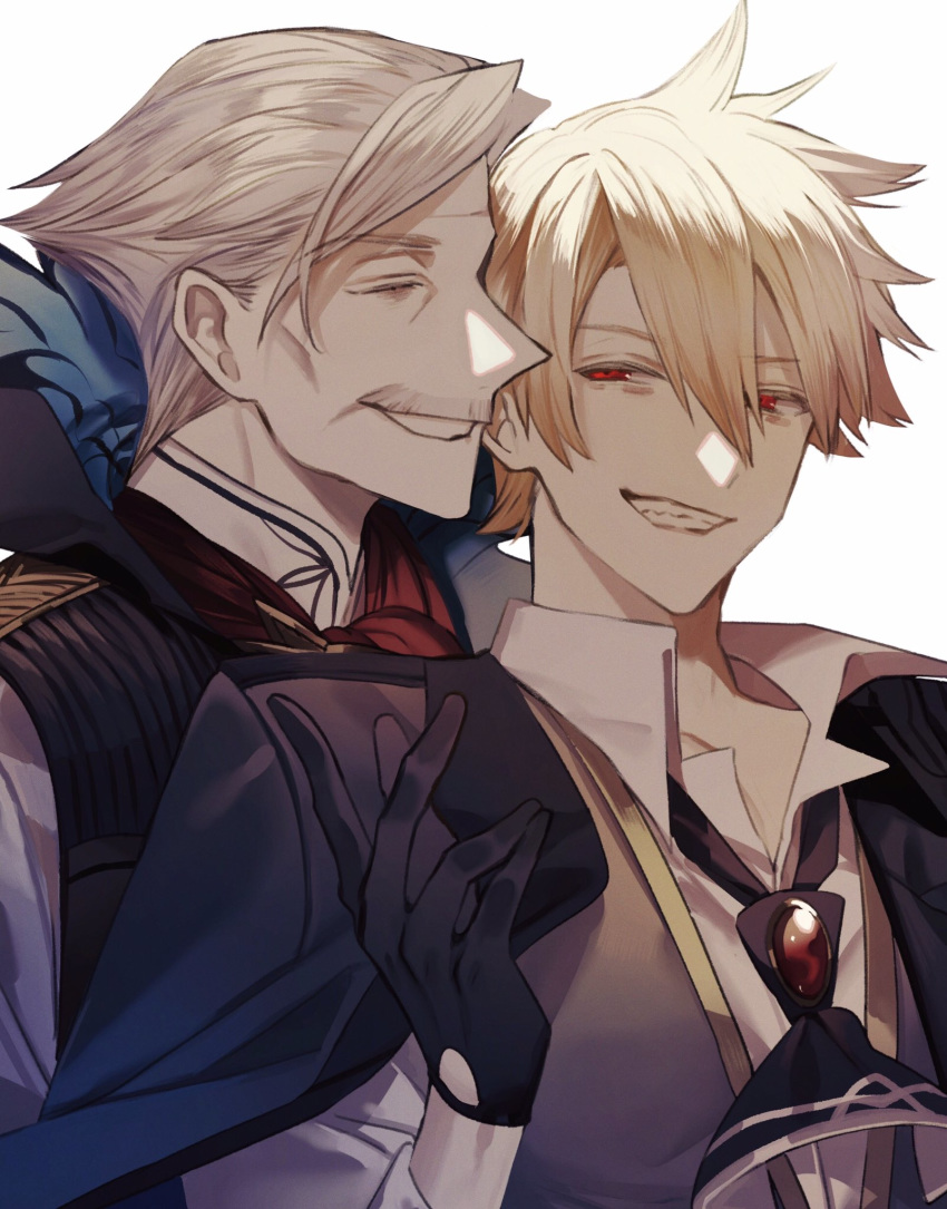 2boys albino_(a1b1n0623) arm_up bangs blonde_hair collarbone collared_shirt eyebrows_visible_through_hair facial_hair fate/grand_order fate/prototype fate/prototype:_fragments_of_blue_and_silver fate_(series) formal gloves gradient_hair grey_hair greyscale hair_between_eyes high_collar highres jacket_on_shoulders james_moriarty_(fate/grand_order) jekyll_and_hyde_(fate) long_sleeves looking_at_another loose_necktie male_focus monochrome multicolored_hair multiple_boys mustache necktie no_eyewear open_clothes pointy_nose red_eyes shirt smile smirk suit untied vest white_background white_shirt