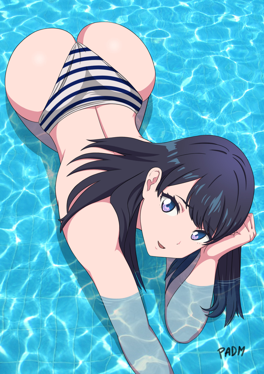 1girl absurdres all_fours arm_support artist_name ass back bikini black_hair blue_eyes hand_in_hair highres light_smile long_hair looking_at_viewer looking_up open_mouth padm parted_lips pool signature smile ssss.gridman striped striped_bikini swimsuit takarada_rikka topless water