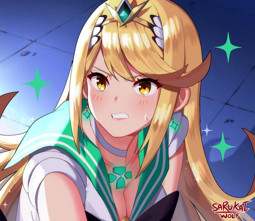 1girl absurdres alternate_costume bangs bishoujo_senshi_sailor_moon blonde_hair blush breasts chest_jewel choker cleavage earrings from_above gem green_sailor_collar grimace highres hikari_(xenoblade_2) jewelry large_breasts long_hair meme sailor_collar sailor_moon_redraw_challenge sailor_senshi_costume sailor_senshi_uniform sarukaiwolf signature solo sparkle sweatdrop swept_bangs tiara tile_floor tiles upper_body white_choker xenoblade_(series) xenoblade_2 yellow_eyes