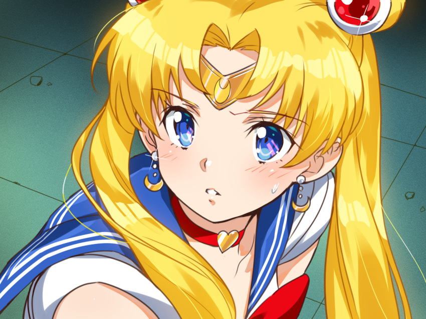 1girl bishoujo_senshi_sailor_moon blonde_hair blue_eyes blue_sailor_collar blush choker collarbone crescent crescent_earrings derivative_work diadem double_bun earrings eyebrows_visible_through_hair heart heart_choker jewelry long_hair sailor_collar sailor_moon sailor_moon_redraw_challenge sailor_senshi sailor_senshi_uniform screencap_redraw solo sweatdrop tabobox tsukino_usagi twintails upper_body