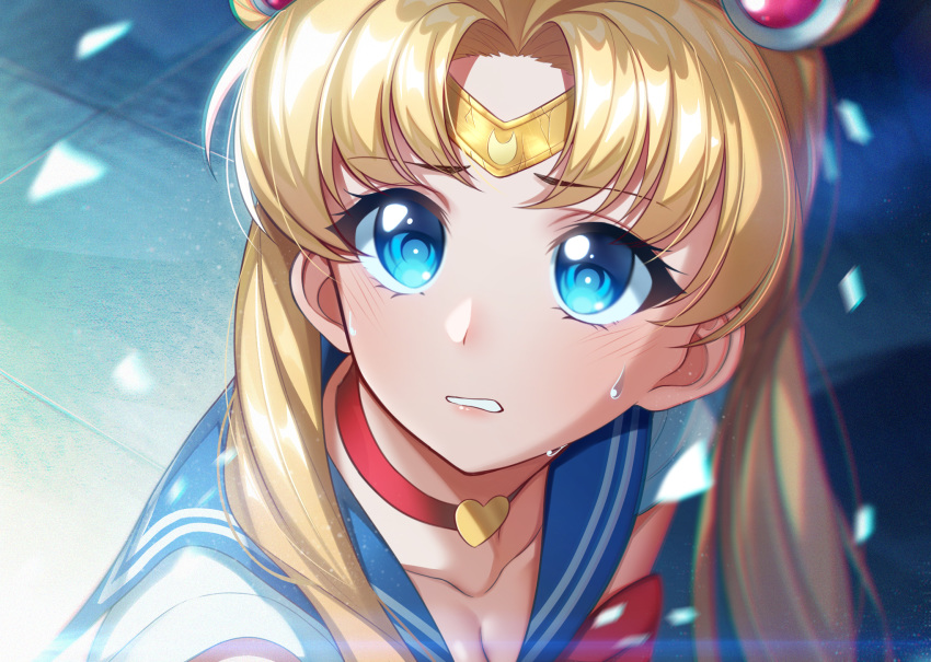 1girl bangs bishoujo_senshi_sailor_moon blonde_hair blue_eyes blue_sailor_collar blush breasts choker circlet cleavage collarbone commentary_request derivative_work double_bun hair_ornament heart heart_choker highres korean_commentary long_hair looking_at_viewer parted_bangs parted_lips red_choker sailor_collar sailor_moon sailor_moon_redraw_challenge sailor_senshi_uniform screencap_redraw shirt short_sleeves solo the_cold tsukino_usagi twintails upper_body white_shirt