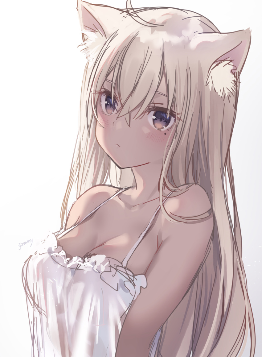 1girl absurdres ahoge animal_ear_fluff animal_ears armpit_crease bare_shoulders black_eyes breasts cat_ears chemise cleavage closed_mouth collarbone dark_skin grey_hair highres jimmy long_hair looking_at_viewer medium_breasts mole mole_under_eye original see-through simple_background sleeveless solo spaghetti_strap upper_body white_background