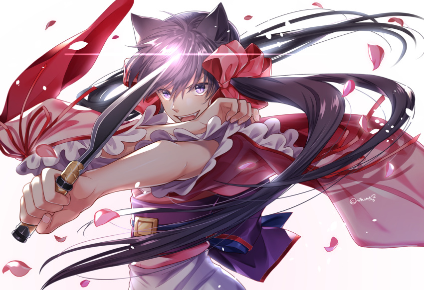 1girl animal_ears black_hair bow fangs fox_ears glint hair_bow hair_ribbon holding holding_knife japanese_clothes kimono knife long_hair looking_at_viewer motobi_(mtb_umk) obi open_mouth otome_youkai_zakuro petals pink_bow purple_eyes ribbon sash simple_background slashing solo standing twintails white_background wide_sleeves zakuro_(otome_youkai_zakuro)