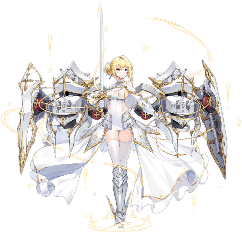 1girl armored_boots azur_lane bare_shoulders blonde_hair blue_eyes boots breasts cannon dress faulds full_body gauntlets gold_trim highres holding holding_sword holding_weapon jeanne_d'arc_(azur_lane) knee_boots large_breasts long_hair long_skirt looking_at_viewer machinery maya_g official_art rapier shield showgirl_skirt skindentation skirt solo standing sword thighhighs torpedo_tubes transparent_background turret weapon white_dress white_legwear zettai_ryouiki