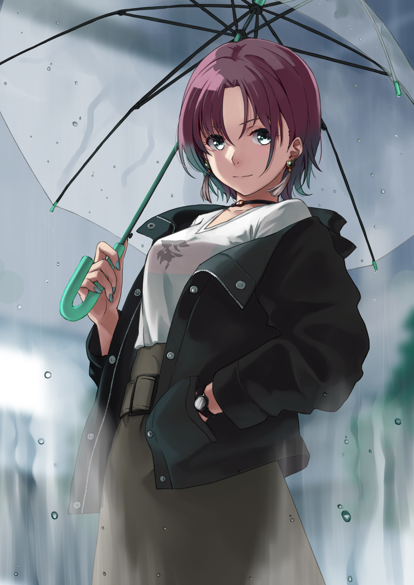 1girl asakura_tooru black_coat brown_skirt choker closed_mouth coat collarbone earrings green_eyes green_nails hand_in_pocket high-waist_skirt highres holding holding_umbrella idolmaster idolmaster_shiny_colors jewelry long_skirt looking_at_viewer mizuki_(mizuki_ame) nail_polish off_shoulder open_clothes open_coat outdoors print_shirt purple_hair rain shirt short_hair skirt smile solo standing transparent transparent_umbrella umbrella watch white_shirt wristwatch