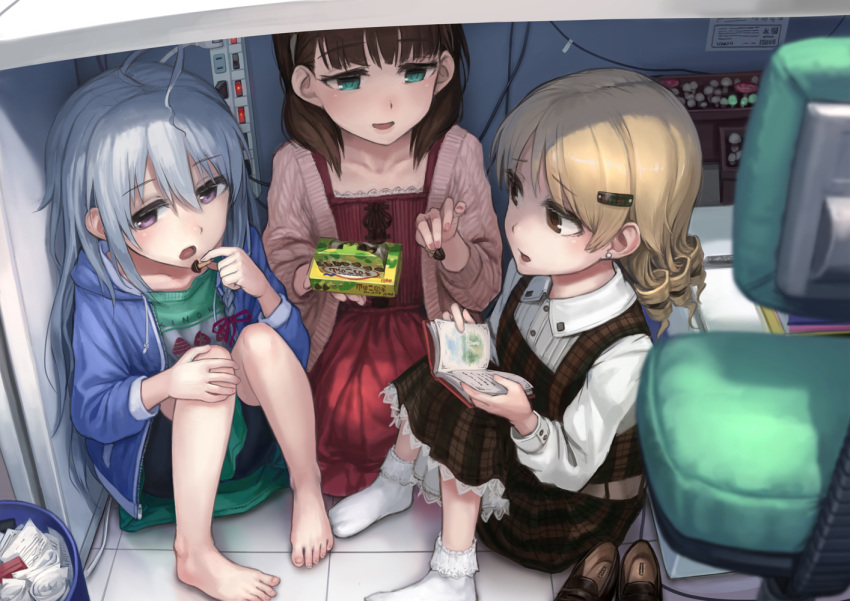 3girls ahoge aqua_eyes bangs barefoot black_shorts blonde_hair blue_jacket brown_eyes brown_hair chair chocolate collarbone collared_shirt commentary dress drill_hair earrings eating eyebrows_visible_through_hair fingernails food grey_hair hair_ornament hairclip hand_on_own_knee holding holding_food hoshi_shouko idolmaster idolmaster_cinderella_girls jacket jewelry kinoko_no_yama lif long_hair long_sleeves looking_at_another morikubo_nono multiple_girls no_shoes open_clothes open_jacket open_mouth pink_nails plaid plaid_dress puffy_long_sleeves puffy_sleeves purple_eyes red_dress sakuma_mayu shirt shoes_removed shorts sitting sitting_on_floor smile socks stud_earrings tile_floor tiles under_table white_legwear white_shirt