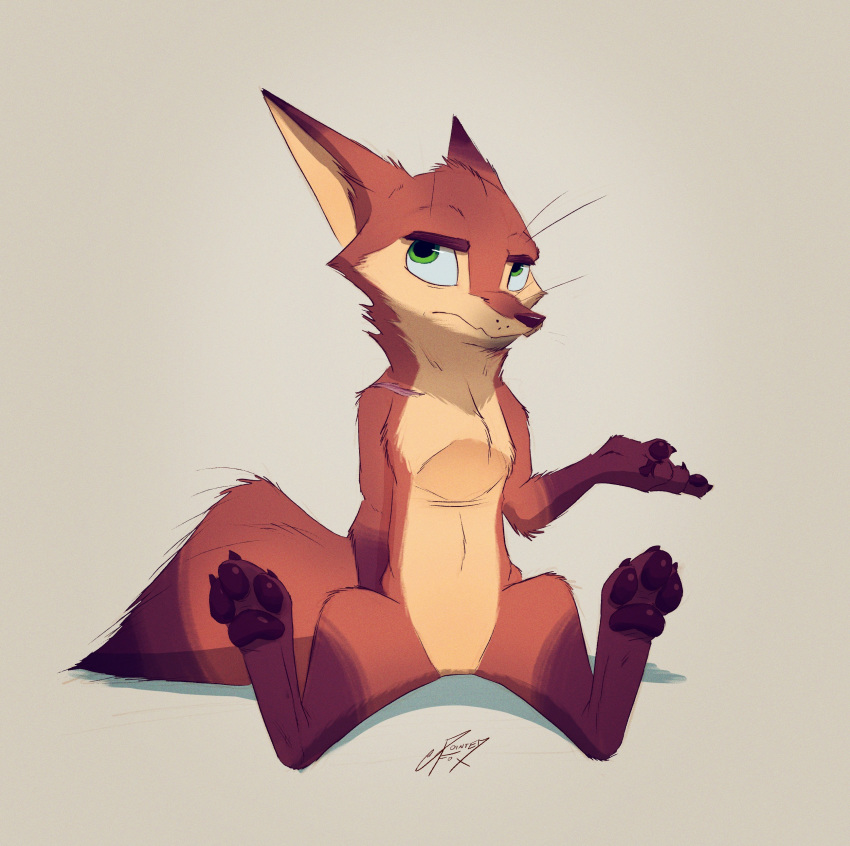 2020 absurd_res anthro brown_body brown_fur canid canine featureless_crotch fox fur gloves_(marking) green_eyes hi_res leg_markings mammal markings nude pawpads pointedfox pointedfox_(character) signature simple_background sitting socks_(marking) solo