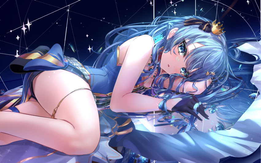 adapted_costume blue_eyes blue_hair comet crown gloves hai_0013 hair_ornament hair_ribbon highres hololive hoshimachi_suisei hoshimachi_suisei_(stellar_into_the_galaxy) idol_clothes jewelry long_hair looking_at_viewer lying mini_crown o-ring o-ring_thigh_strap official_alternate_costume official_alternate_hair_length official_alternate_hairstyle reflection ribbon single_glove star_(symbol) star_hair_ornament star_in_eye symbol_in_eye thigh_strap thighs virtual_youtuber