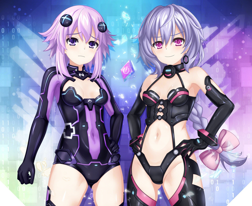 braid breasts cleavage cleavage_cutout clothing_cutout cosplay dhiparizky dominatrix earrings elbow_gloves gloves hair_ornament highres iris_heart iris_heart_(cosplay) jewelry kami_jigen_game_neptune_v leotard navel neon_trim neptune_(neptunia) neptune_(series) purple_hair purple_heart_(neptunia) purple_heart_(neptunia)_(cosplay) pururut tagme