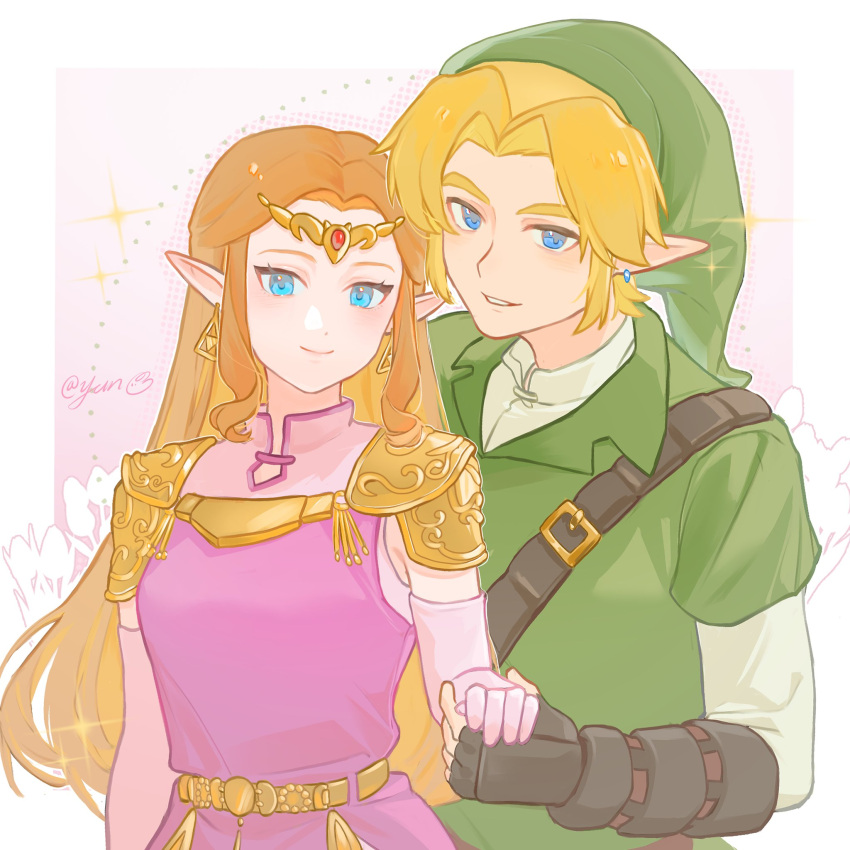 1boy 1girl armor black_gloves blue_eyes closed_mouth commentary_request dress ear_piercing earrings elbow_gloves fingerless_gloves gloves green_headwear green_tunic grin hat height_difference highres holding_hands jewelry link long_hair looking_at_viewer parted_bangs pauldrons piercing pink_dress pink_gloves princess_zelda short_hair shoulder_armor smile the_legend_of_zelda the_legend_of_zelda:_ocarina_of_time triforce_earrings tunic twitter_username yun_(dl2n5c7kbh8ihcx)