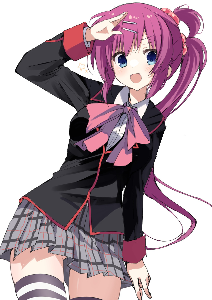 1girl :d arm_at_side arm_up ass_visible_through_thighs black_jacket blue_eyes blush bow breasts commentary_request cowboy_shot grey_skirt hair_between_eyes hair_bobbles hair_ornament hairclip highres jacket little_busters! little_busters!_school_uniform long_hair long_sleeves looking_at_viewer medium_breasts miniskirt one_side_up open_mouth pink_bow plaid plaid_skirt pleated_skirt purple_hair saigusa_haruka salute school_uniform side_ponytail sidelocks simple_background skirt smile solo standing star_(symbol) striped striped_thighhighs takepoison thighhighs very_long_hair white_background zettai_ryouiki