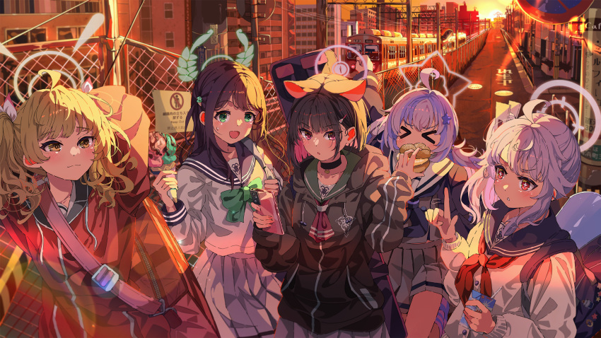 &gt;_&lt; +_+ 5girls after-school_sweets_club_(blue_archive) ahoge airi_(blue_archive) animal_ears black_choker black_hair black_jacket black_neckerchief black_sailor_collar blonde_hair blue_archive blush cardigan cat_ears cellphone choker closed_mouth colored_inner_hair commentary drink drinking_straw english_commentary extra_ears food green_eyes green_halo green_sailor_collar grey_serafuku grey_skirt hair_ornament hairclip halo highres holding holding_drink holding_food holding_phone hood hood_down hooded_jacket ice_cream jacket kazusa_(blue_archive) long_hair long_sleeves maritozzo milk_carton multicolored_hair multiple_girls natsu_(blue_archive) neckerchief outdoors parted_lips phone pink_hair pink_halo pleated_skirt purple_hair purple_halo red_eyes red_jacket reisa_(blue_archive) sailor_collar sakatsuki_yakumo school_uniform serafuku short_hair side_ponytail skirt smartphone smile socks star_(symbol) star_hair_ornament striped striped_socks sunset train twintails white_cardigan white_sailor_collar white_skirt yellow_eyes yellow_halo yoshimi_(blue_archive)