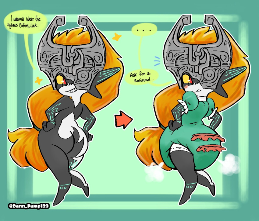 before_and_after blush butt clothed clothing crown dann_pamp123 dialogue diaper diaper_under_clothing embarrassed featureless_feet feet female frilly frilly_clothing hair hands_on_hips headdress headgear hi_res humanoid imp infantilism long_ears long_hair looking_back markings midna nintendo nude offscreen_character onesie orange_hair ponytail poof_effect signature smile smirk solo sparkles speech_bubble teeth text the_legend_of_zelda twili twilight_princess